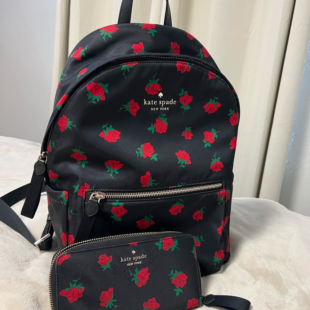 Kate Spade Floral Black Backpack and Wallet